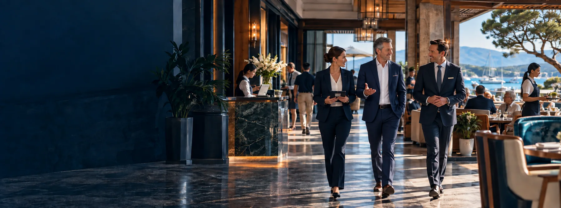Leaders walking through a well-run hospitality environment, discussing operations in motion