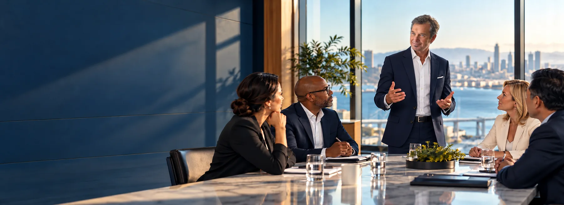 A leader addressing his team in a strategy conversation with a city skyline behind them