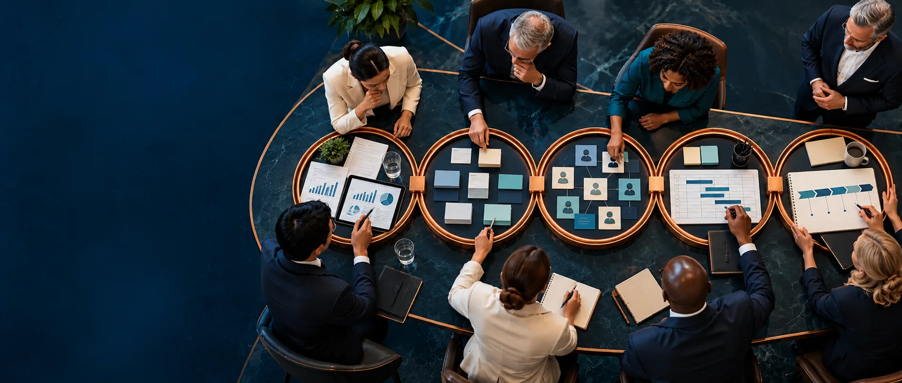An overhead view of a team working through the five disciplines of the method together at a table
