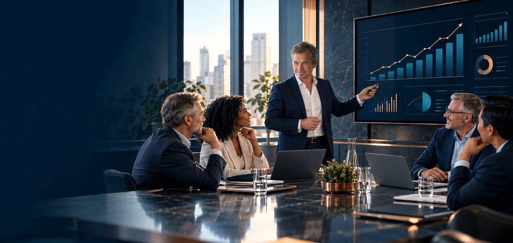 A leader presenting a strong growth chart to his team in a boardroom